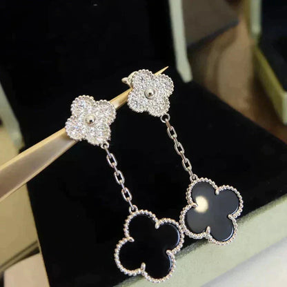 [Bloom]CLOVER 2 MOTIFS  DIAMOND ONYX EARRINGS SILVER