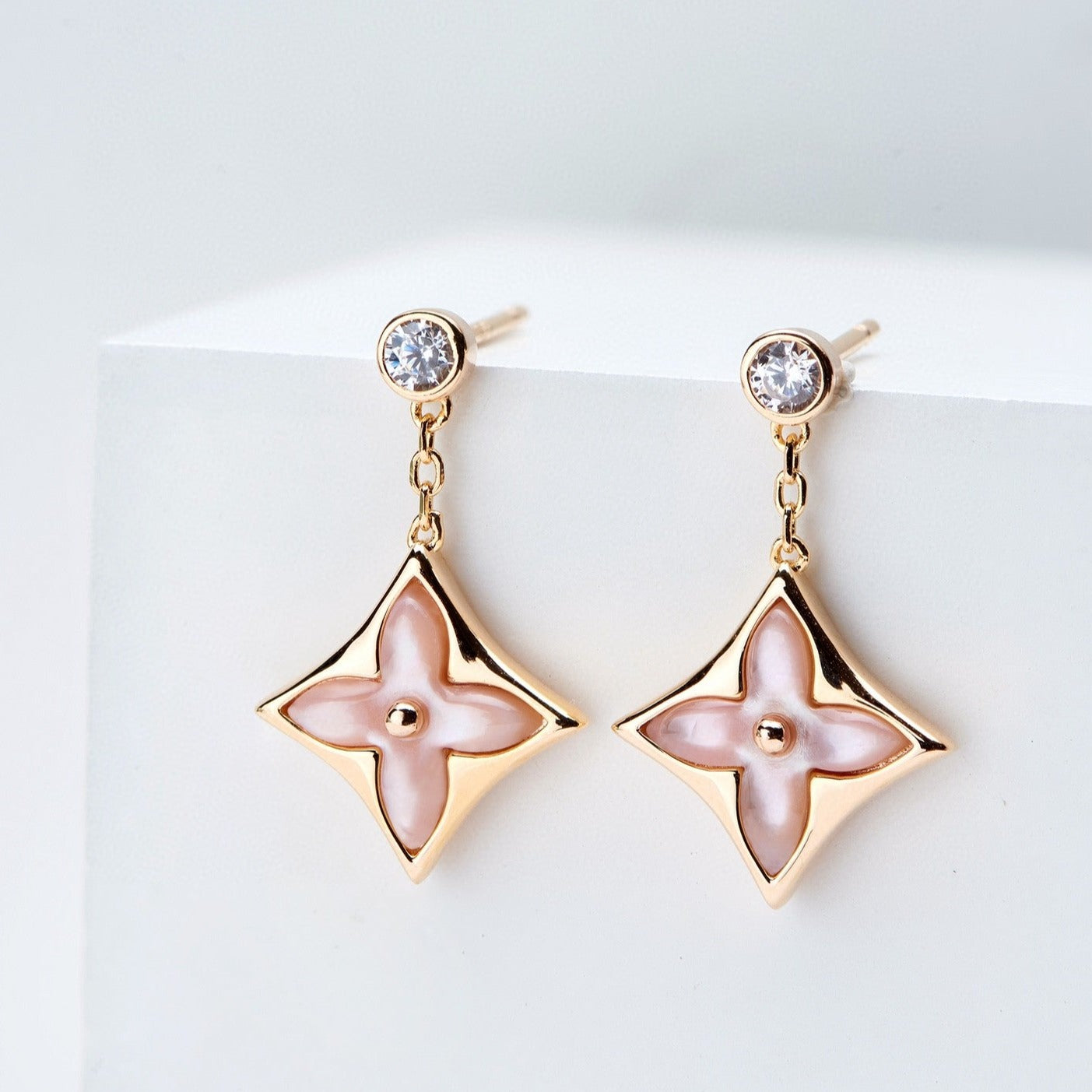 [Bloom]DOUBLE STAR PINK GOLD MOP DROP EARRINGS