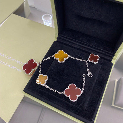 [Bloom]CLOVER 5 MOTIFS SIVLER CARNELIAN TIGER EYE BRACELET