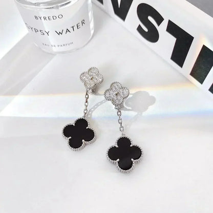 [Bloom]CLOVER 2 MOTIFS  DIAMOND ONYX EARRINGS SILVER