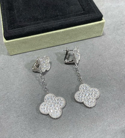 [Bloom]CLOVER 2 MOTIFS DIAMOND PAVED SILVER EARRINGS