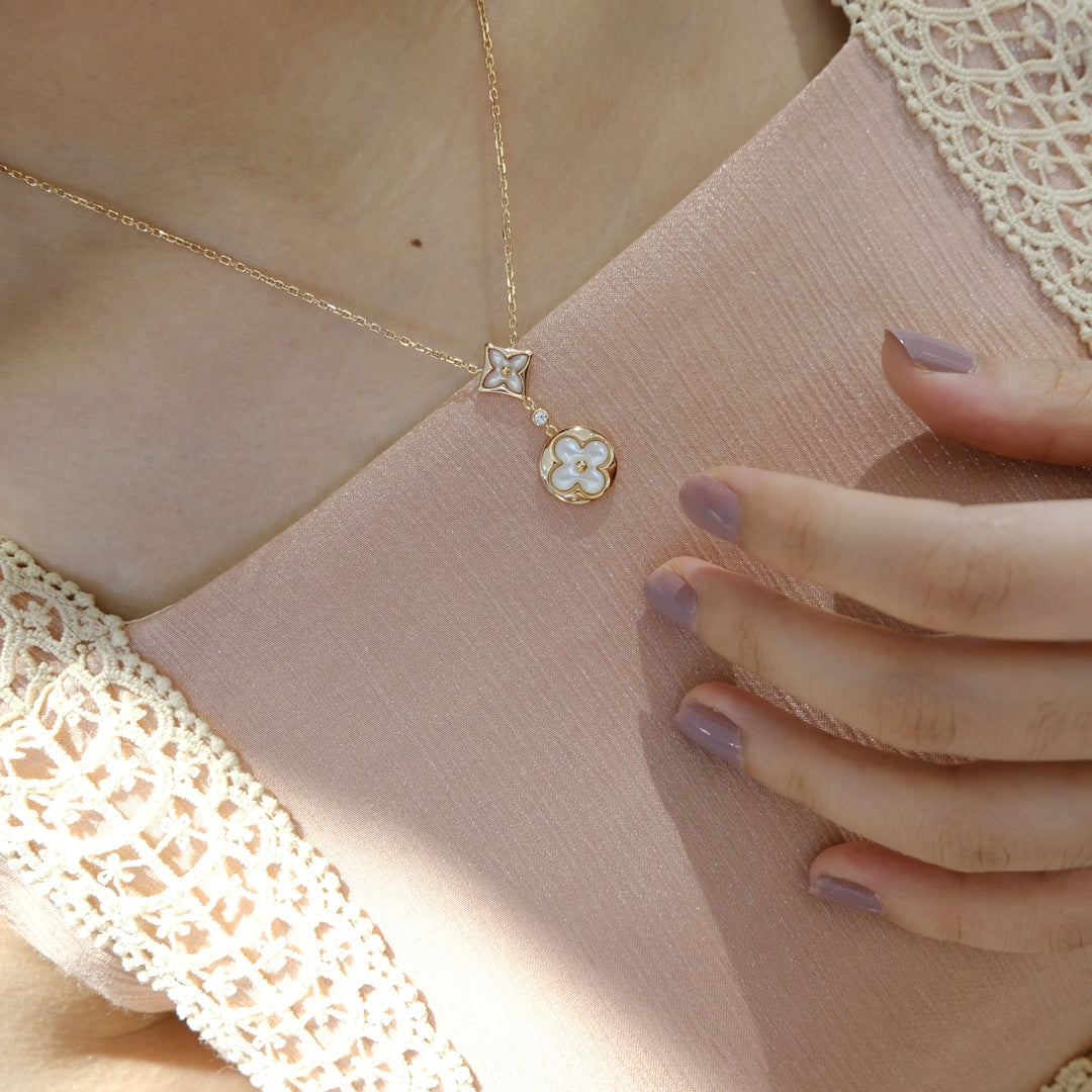 [Bloom]STAR AND SUN WHITE MOP 2 MOTIF PINK GOLD NECKLACE