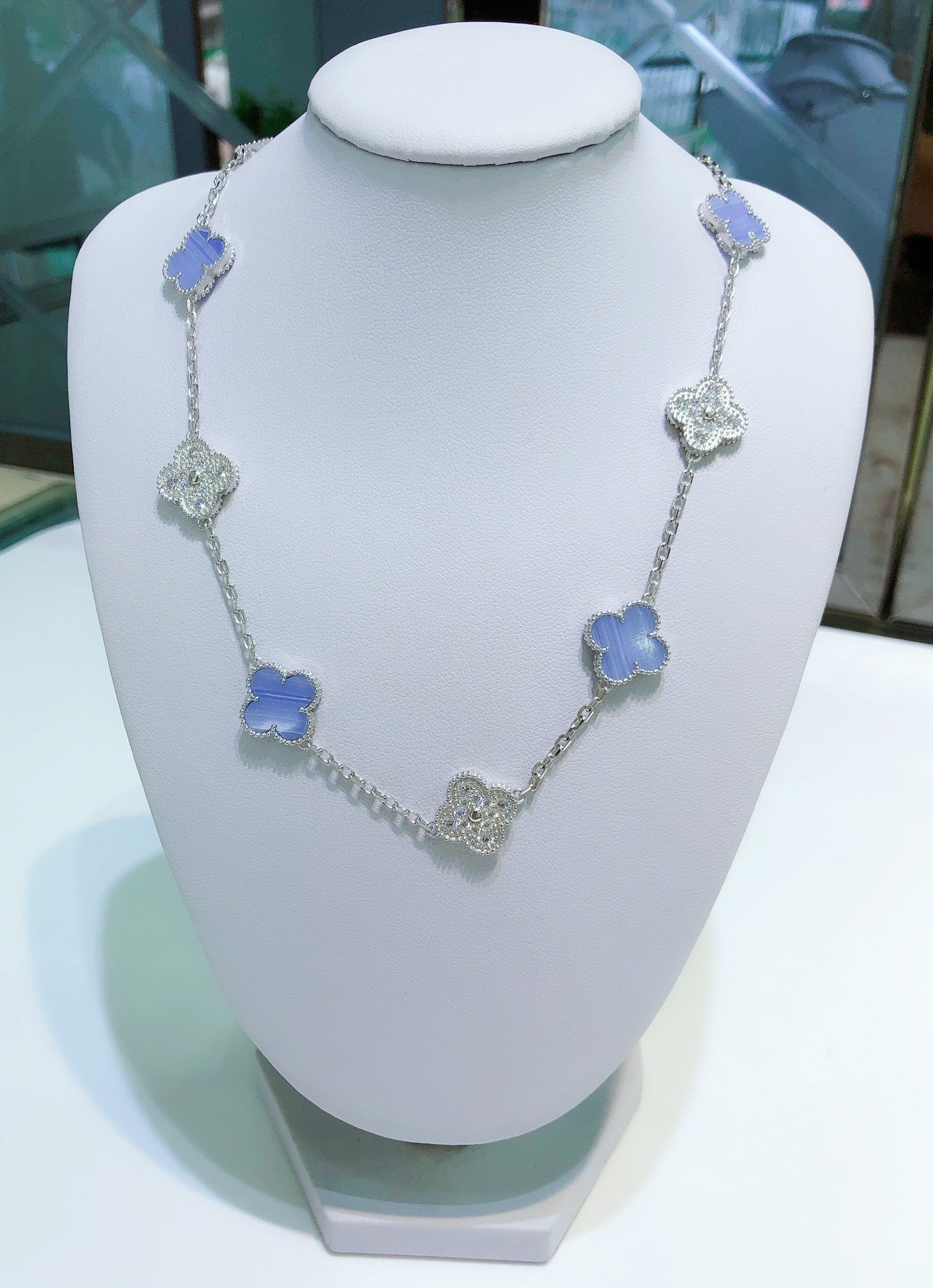 [Bloom]CLOVER 10 MOTIFS CHALCEDONY DIAMONDS SILVER NECKLACE