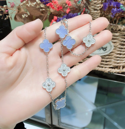 [Bloom]CLOVER 10 MOTIFS CHALCEDONY DIAMONDS SILVER NECKLACE